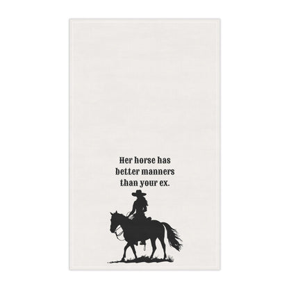 Funny Horse Tea Towel, "Her Horse has better manners than your ex" Sassy tea towel to spice up your Kitchen or Bar Decor, Horse Lover Gift, Housewarming Gift